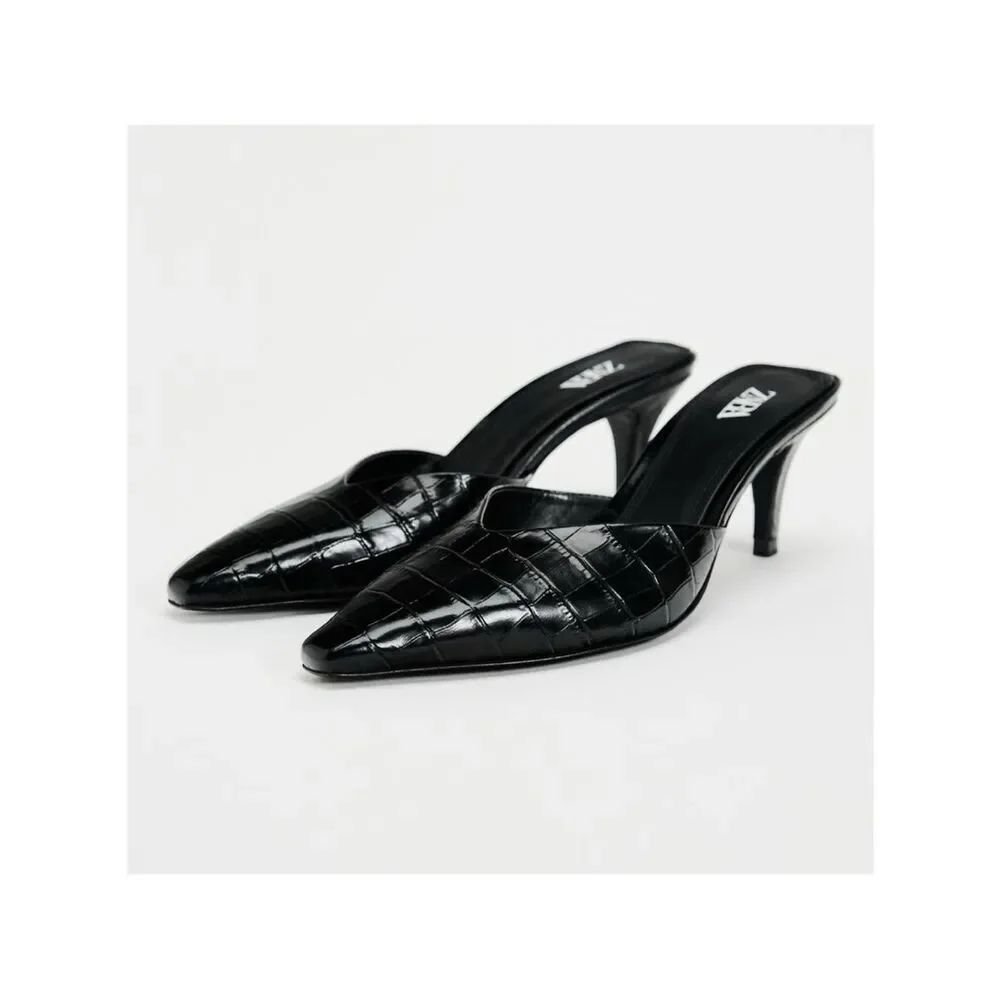 ZARA BLACK CROC KITTEN HEELS